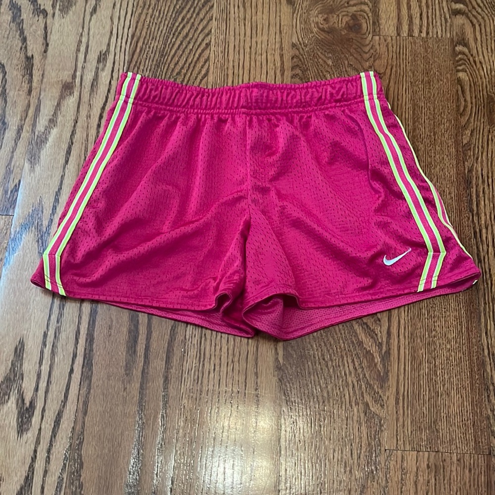 Nike pink girls shorts with lime green stripe, like new, (size: girls medium)